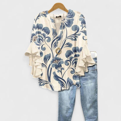 Blusa Floral Sin Esfuerzo para Mujeres con Escote en V, Manga de Campana y Volantes, Estilo Bohemio