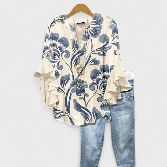 Blusa Floral Sin Esfuerzo para Mujeres con Escote en V, Manga de Campana y Volantes, Estilo Bohemio