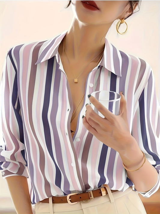 Blusa de Chifón Rayada Sin Esfuerzo para Mujeres con Cuello, Manga Larga, Botones Frontales y Estilo Sedoso Relajado