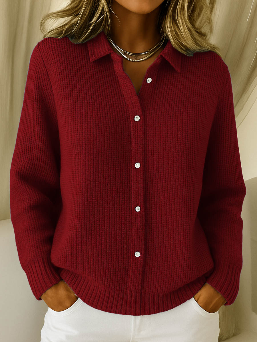 Blusa de Punto Waffle Cómoda para Mujeres con Cuello, Manga Larga, Botones en la Parte Frontal, Estilo Relajado