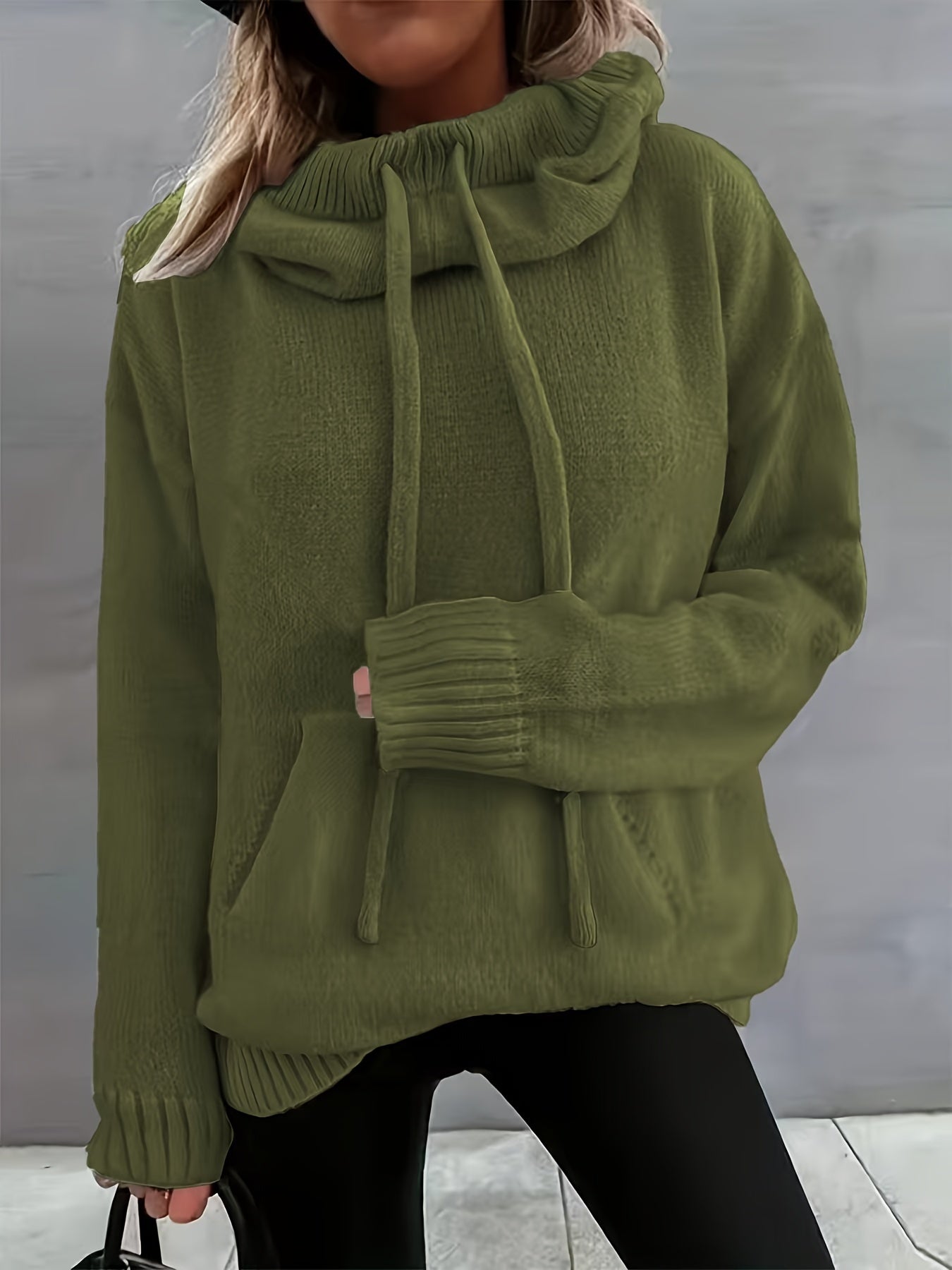 Suéter de punto cómodo para mujeres con cuello de capa, manga larga, cordón y estilo oversized