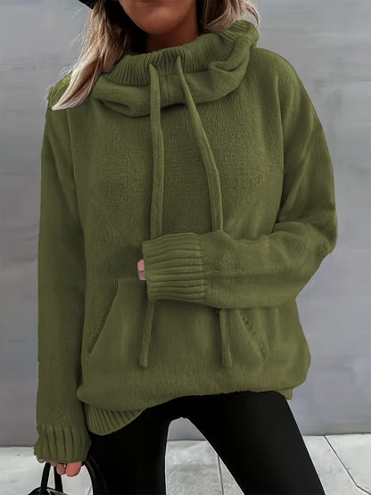 Suéter de punto cómodo para mujeres con cuello de capa, manga larga, cordón y estilo oversized