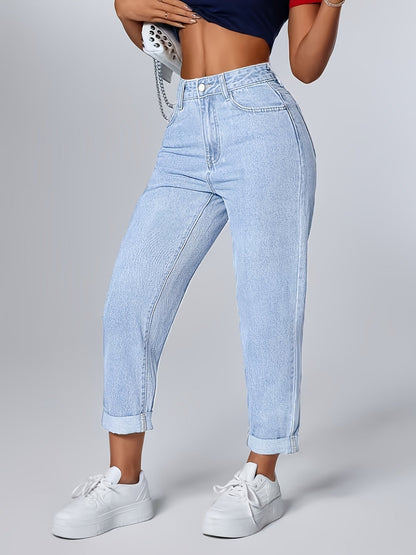 Jeans Mom Relajados en Azul Claro para Mujeres con Cintura Alta y Dobladillo Ajustado