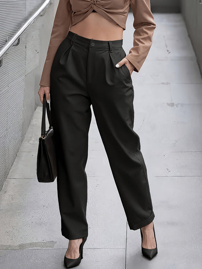 Pantalón Elegante de Cuero Sintético de Pierna Ancha para Mujeres con Cintura Alta y Estilo Plisado Relajado