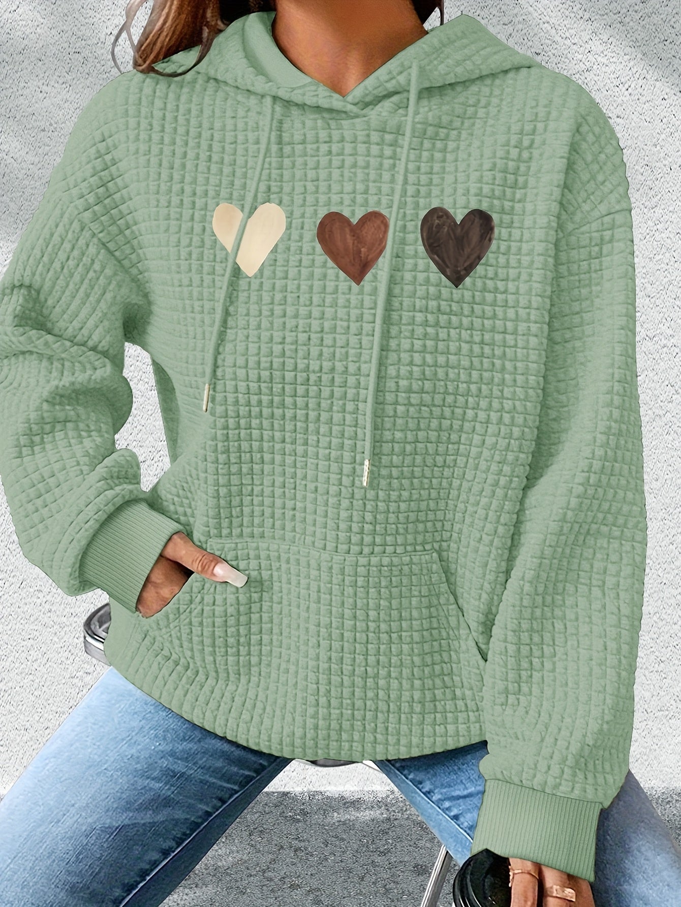 Sudadera de punto waffle con estampado de corazones cómoda para mujeres, con capucha, mangas largas y bolsillo canguro, estilo oversized