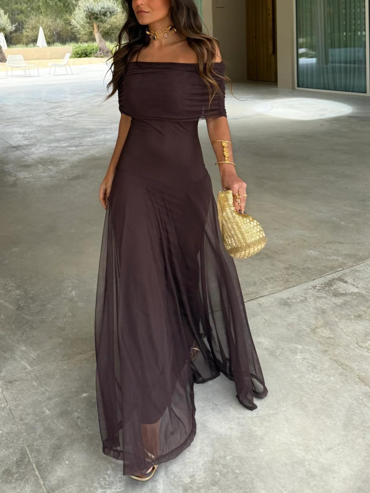 Vestido Maxi de Malla Elegante para Mujeres con Mangas Cortas y Off Shoulder Estilo Fruncido y Fluido