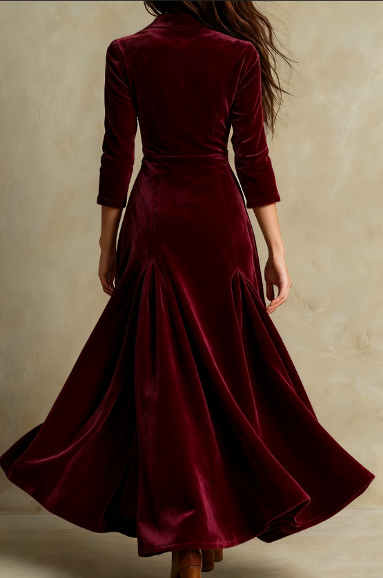 Vestido Maxi de Terciopelo Elegante para Mujeres con Cuello de Muesca, Manga de Codo, Botones en la Parte Frontal y Estilo Vintage