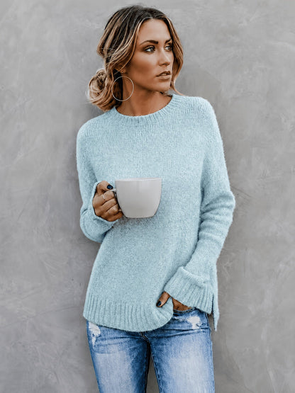 Suéter de Punto Melange Cómodo para Mujeres con Cuello Redondo, Mangas Largas y Puños de Campana, Estilo Oversized y Relajado