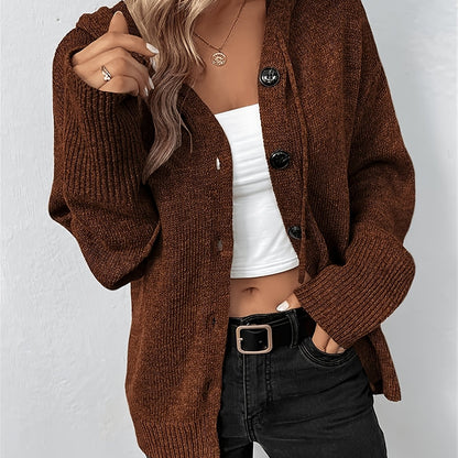 Suéter de Cardigan de Punto Acanalado Cómodo para Mujeres con Cuello con Capucha, Manga Larga, Botones Frontal, Estilo Oversized