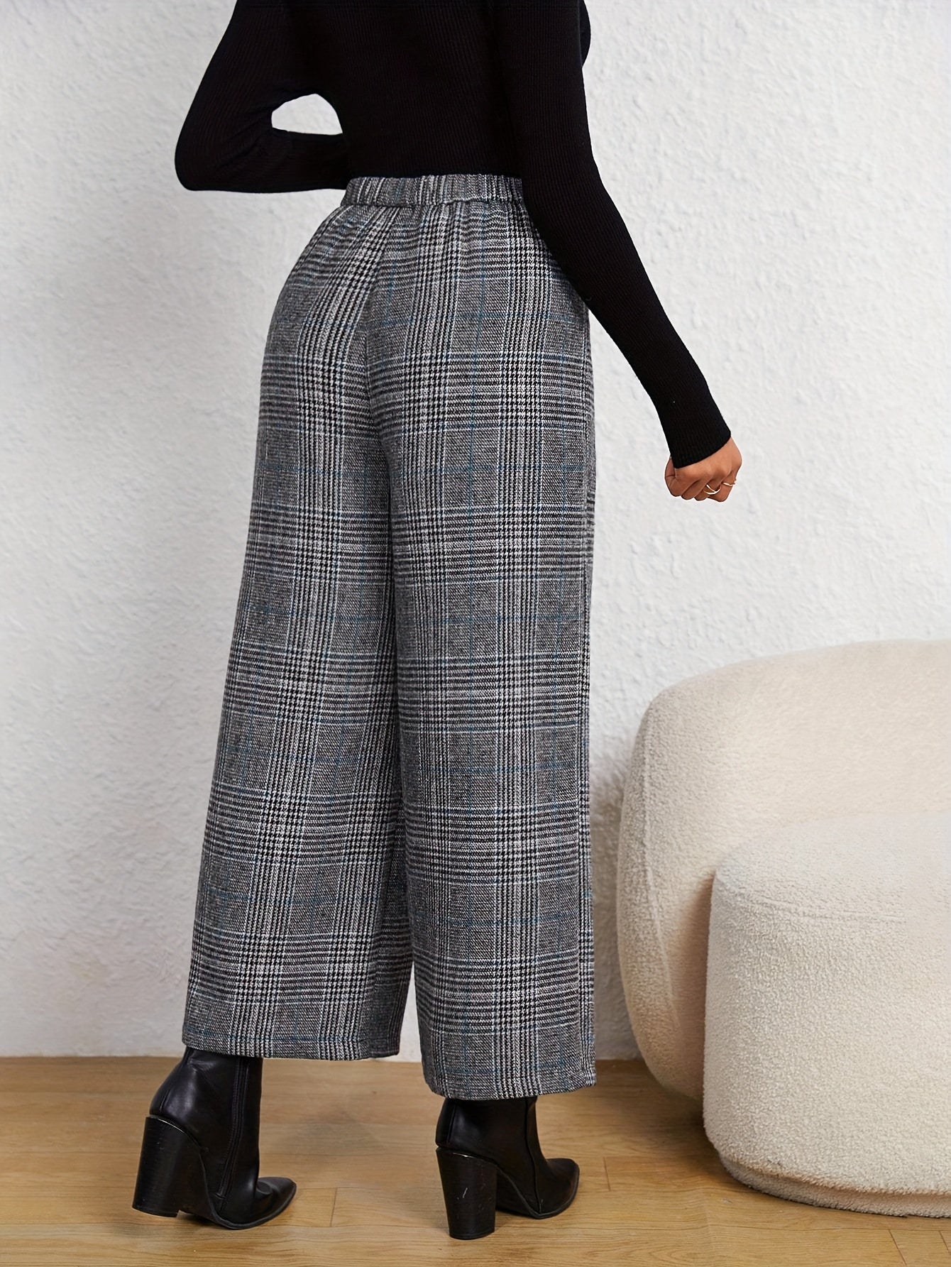 Pantalones Anchos de Cuadros Grises Elegantes para Mujeres con Cintura Alta y Estilo Ajustado