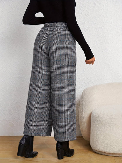 Pantalones Anchos de Cuadros Grises Elegantes para Mujeres con Cintura Alta y Estilo Ajustado