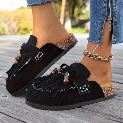 Mules Elegantes para Mujeres con Flecos, Borlas, Cuentas y Estilo Mocasín Slip On