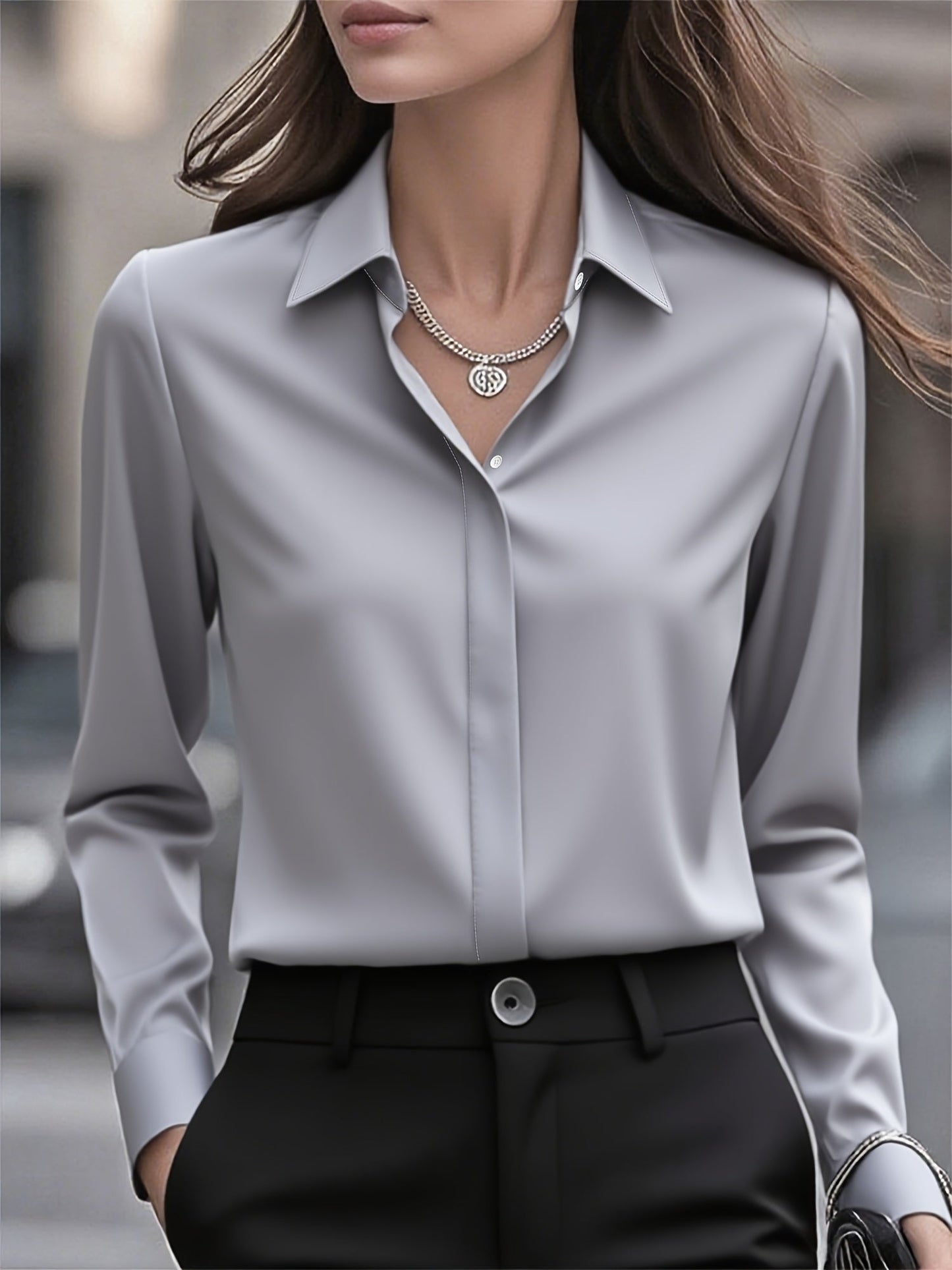 Blusa de Satén Elegante para Mujeres con Cuello, Manga Larga, Botón Frontal y Estilo Relajado