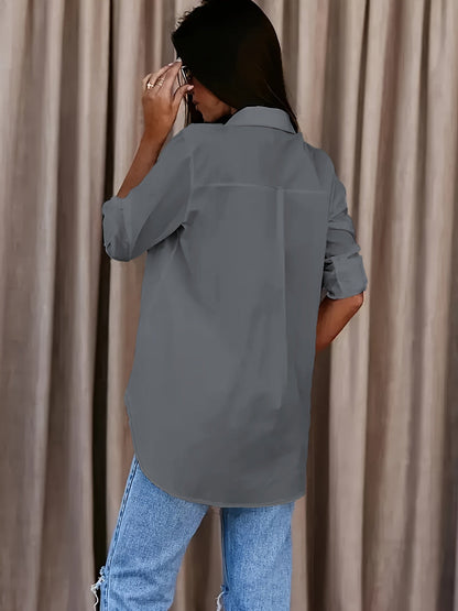 Blusa Sin Esfuerzo para Mujeres con Cuello, Manga Larga, Tablero de Rollo, Estilo Casual Oversized