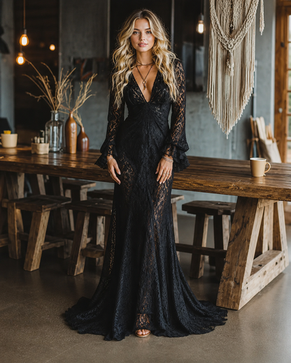 Elegante Vestido Maxi de Encaje Negro para Mujeres con Escote en V y Mangas de Campana Transparentes Estilo Bohemio