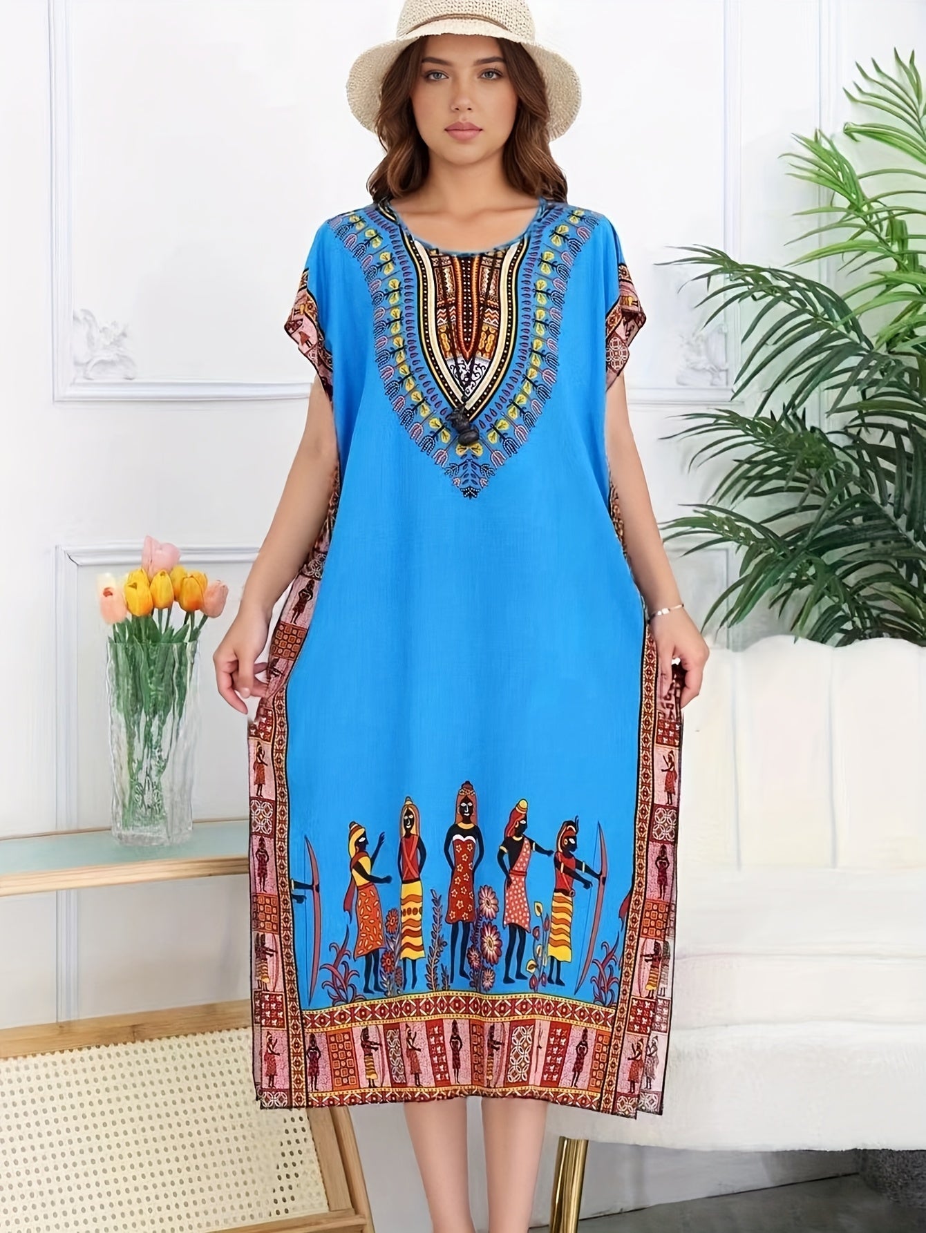 Vestido Kaftán de Impresión Tribal Sin Esfuerzo para Mujeres con Escote en V y Manga Corta Estilo Bohemio