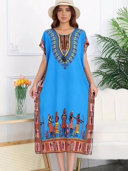 Vestido Kaftán de Impresión Tribal Sin Esfuerzo para Mujeres con Escote en V y Manga Corta Estilo Bohemio