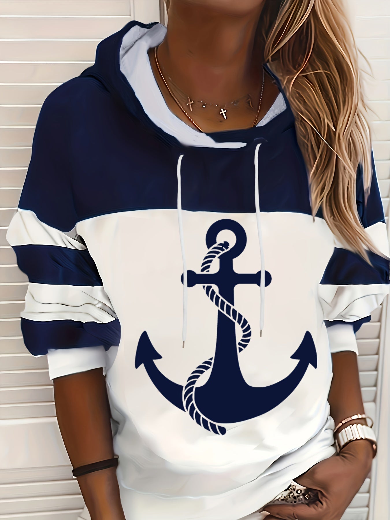 Sudadera cómoda con estampado de ancla en color marino y blanco para mujeres, con capucha ajustable, de manga larga, estilo casual oversized
