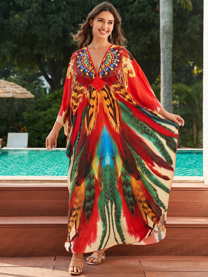 Elegante Kaftán Maxi de Impresión de Plumas Multicolor para Mujeres con Cuello en V y Manga Murciélago Adornada en Estilo Fluido