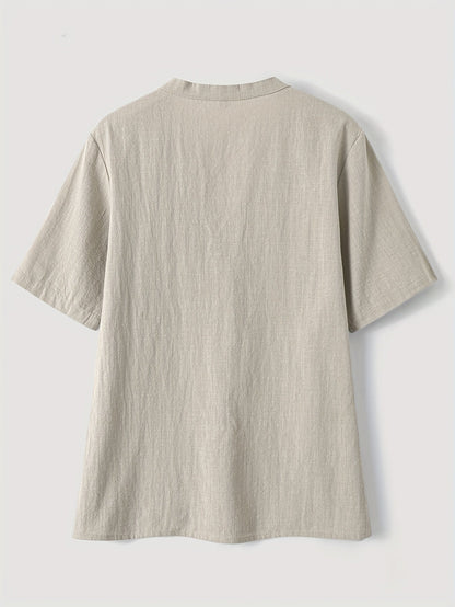 Blusa Texturizada Sin Esfuerzo para Mujeres con Escote en V Notch, Manga Corta, Estilo Relajado y Botones en la Parte Frontal