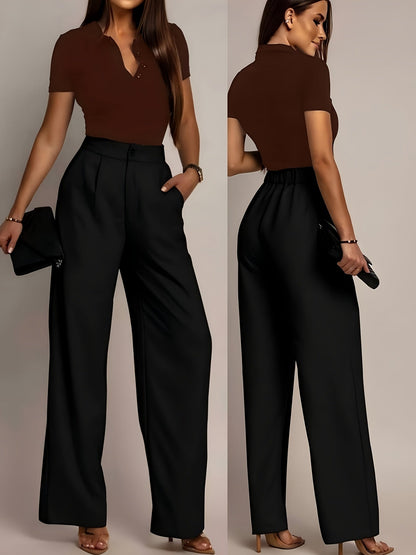 Pantalones de Pierna Ancha Sin Esfuerzo para Mujeres con Cintura Alta y Frente Plisado en Estilo Relajado y Ajustado