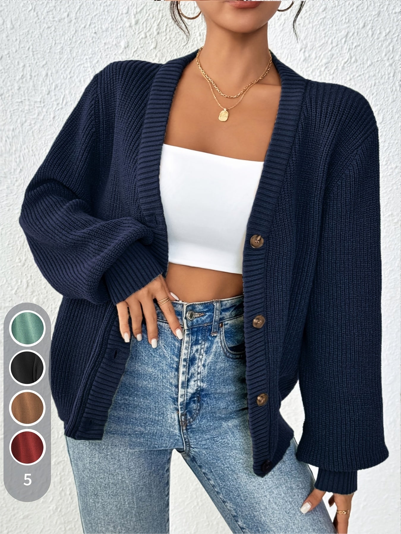 Cárdigan de Punto Acanalado Cómodo para Mujeres con Cuello en V, Mangas Globo, Botones en la Parte Frontal y Estilo Oversized