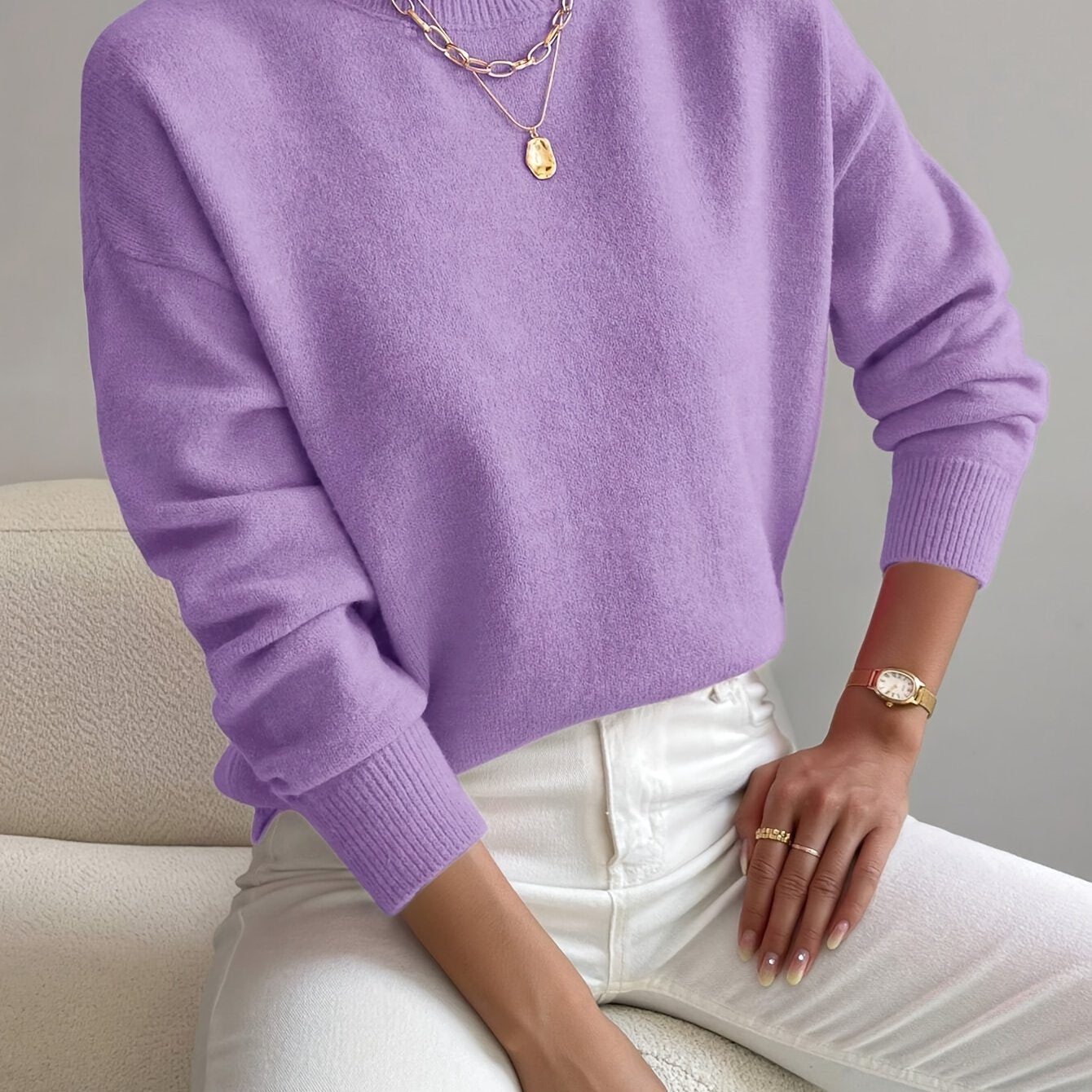 Suéter de punto cómodo para mujeres con cuello alto, mangas largas y estilo relajado y oversized
