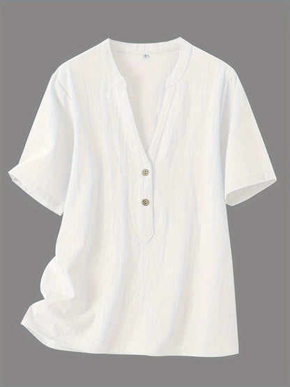 Blusa Texturizada Sin Esfuerzo para Mujeres con Escote en V Notch, Manga Corta, Estilo Relajado y Botones en la Parte Frontal