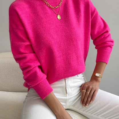 Suéter de punto cómodo para mujeres con cuello alto, mangas largas y estilo relajado y oversized