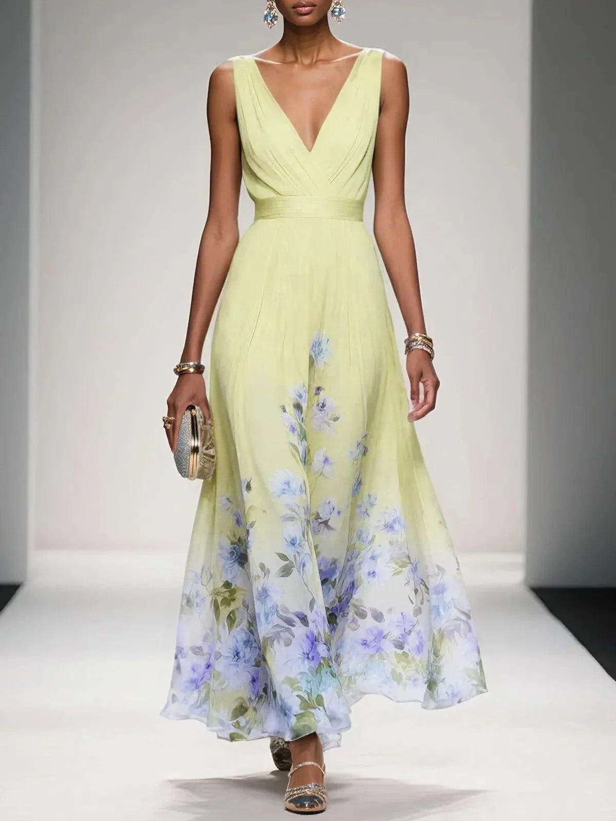 Elegante Vestido Maxi Floral para Mujeres con Escote en V Sin Mangas y Cintura Envolvente, Estilo para Invitadas de Boda