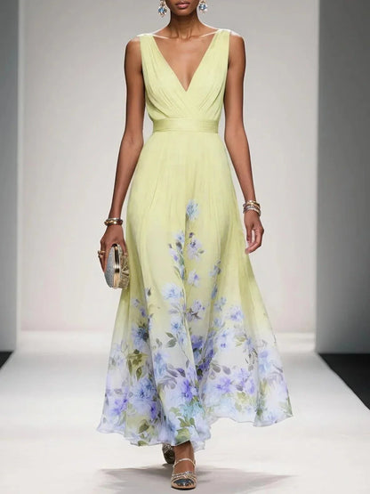 Elegante Vestido Maxi Floral para Mujeres con Escote en V Sin Mangas y Cintura Envolvente, Estilo para Invitadas de Boda