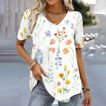 Túnica Floral Sin Esfuerzo para Mujeres con Cuello en V y Mangas Cortas, Estilo Fluyente con Dobladillo Curvo