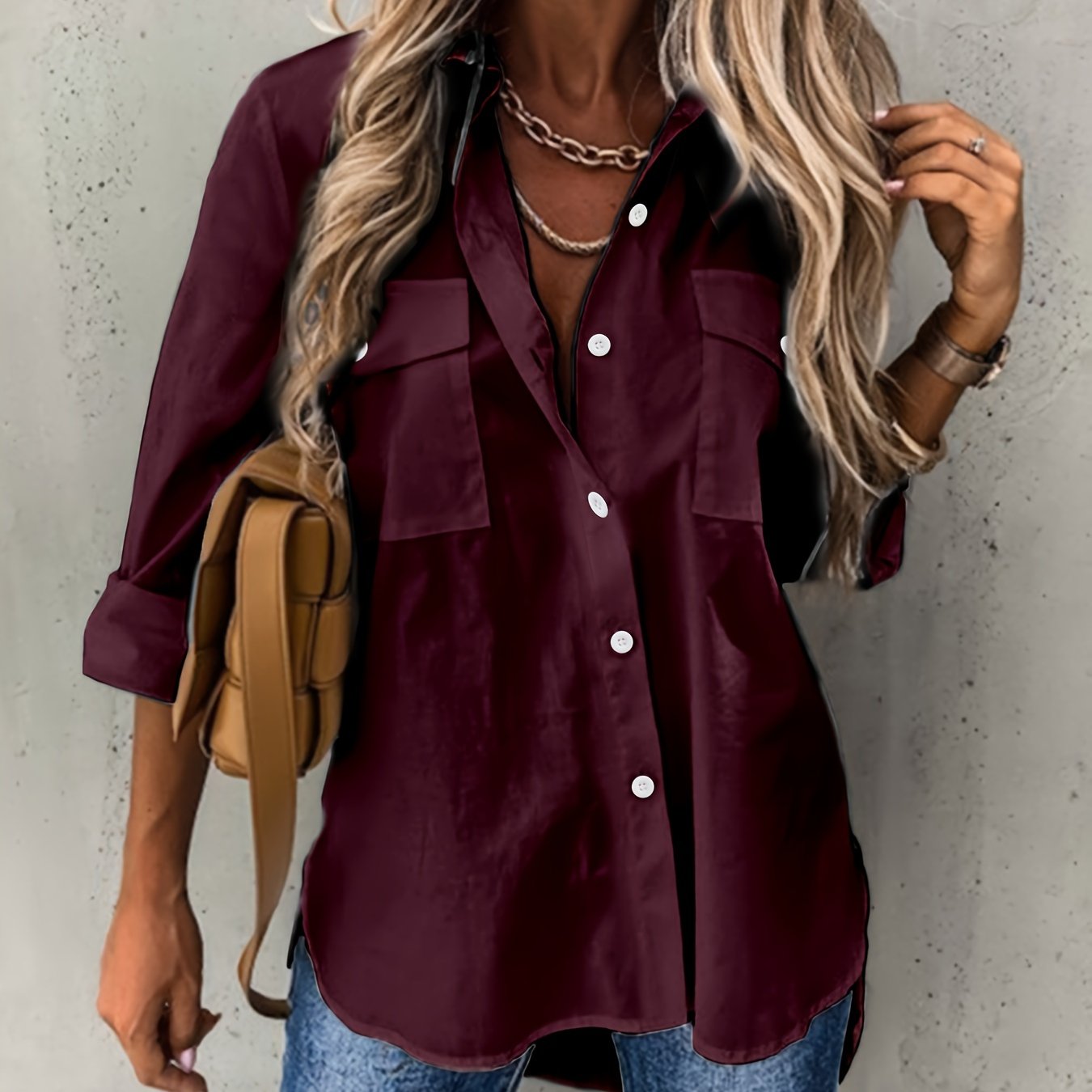 Blusa de Bolsillo Utilitaria sin Esfuerzo para Mujeres con Cuello y Manga Larga de Corte Curvado Relajado