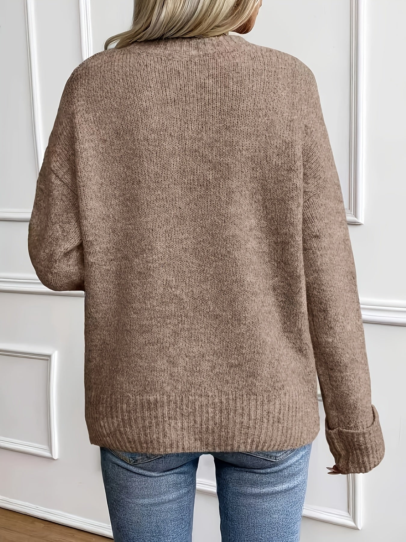 Suéter de Punto Acanalado en Caqui Cómodo para Mujeres con Cuello Redondo y Manga Larga de Estilo Relajado y Oversized