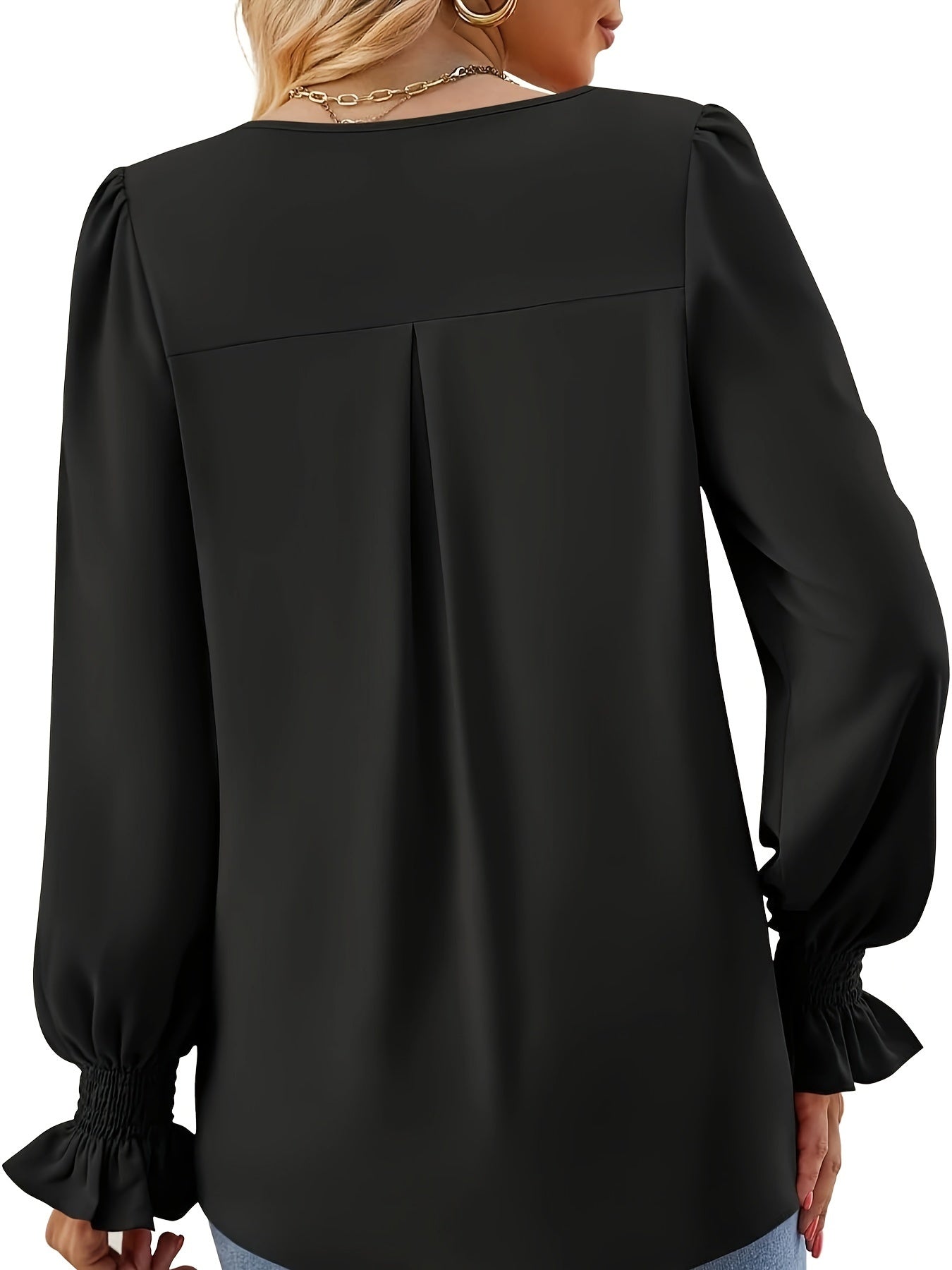 Blusa Sin Esfuerzo para Mujeres con Cuello en V, Manga Globo y Puños Fruncidos, Estilo Relajado