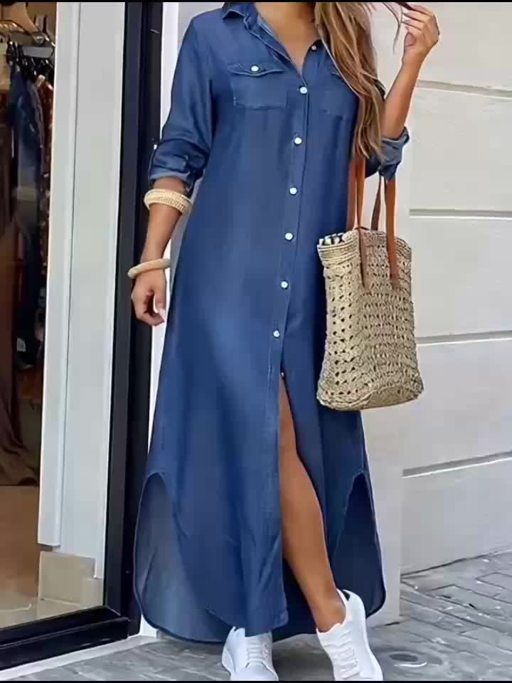 Vestido Camisero Maxi de Denim Azul Elegante para Mujeres con Cuello, Manga Larga y Bajo Asimétrico, Estilo Casual