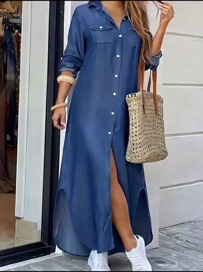 Vestido Camisero Maxi de Denim Azul Elegante para Mujeres con Cuello, Manga Larga y Bajo Asimétrico, Estilo Casual