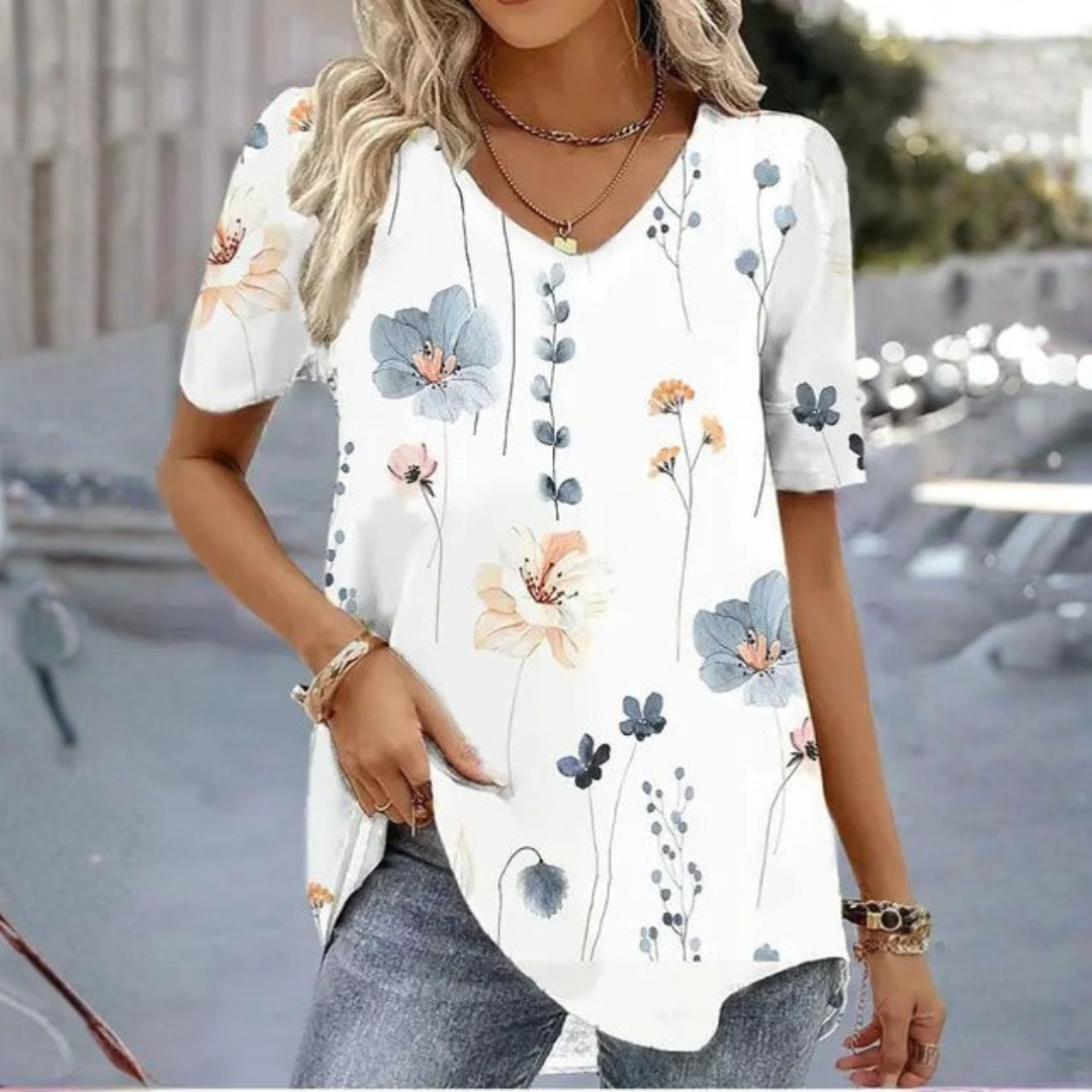 Túnica Floral Sin Esfuerzo para Mujeres con Cuello en V y Mangas Cortas, Estilo Fluyente con Dobladillo Curvo