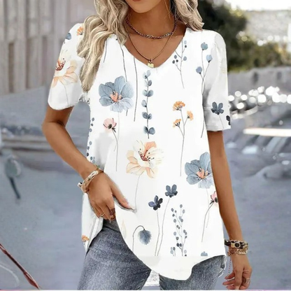 Túnica Floral Sin Esfuerzo para Mujeres con Cuello en V y Mangas Cortas, Estilo Fluyente con Dobladillo Curvo