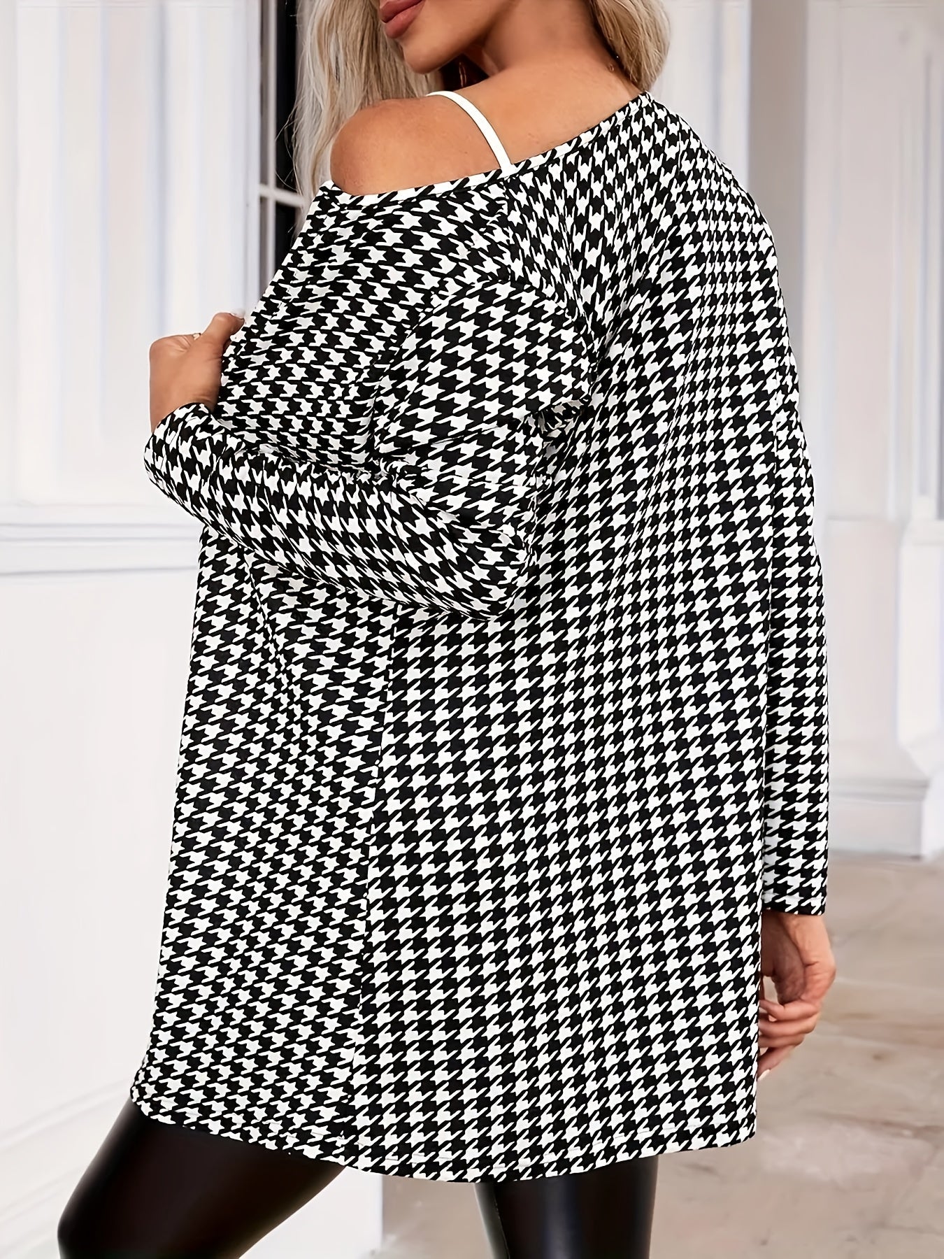 Cárdigan Elegante de Houndstooth para Mujeres con Frente Abierto y Mangas Largas Estilo Longline