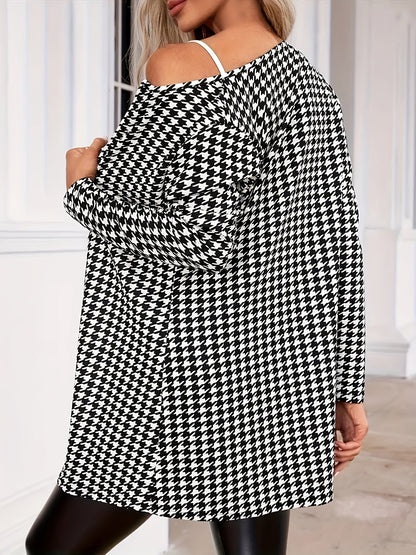 Cárdigan Elegante de Houndstooth para Mujeres con Frente Abierto y Mangas Largas Estilo Longline