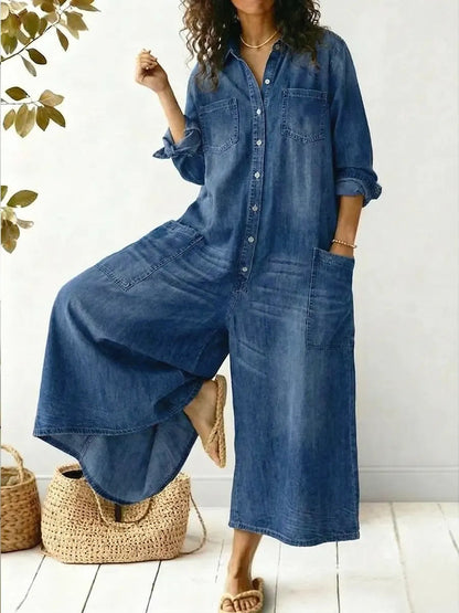 Mono de Denim Sin Esfuerzo para Mujeres con Cuello, Manga Larga, Botones en la Parte Frontal y Pierna Ancha