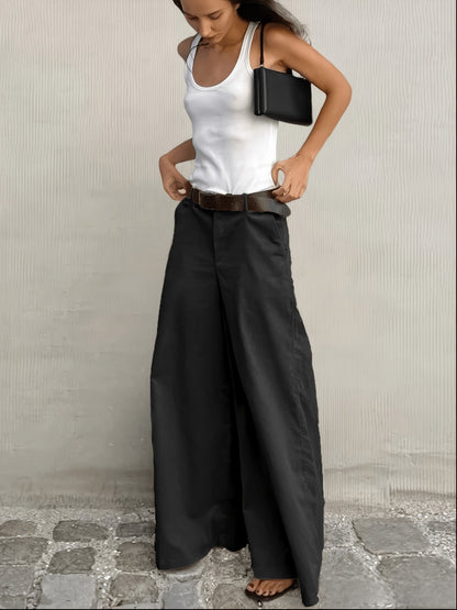 Pantalones Anchos Sin Esfuerzo para Mujeres con Cintura Alta, Botón Frontal, Estilo Casual Relajado