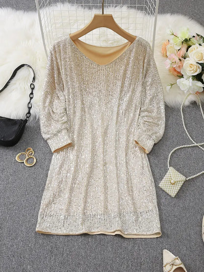 Elegante Vestido Mini de Lentejuelas para Mujeres con Manga Murciélago Descubierta Cuerpo Ajustado Brillante Estilo Formal para Fiestas