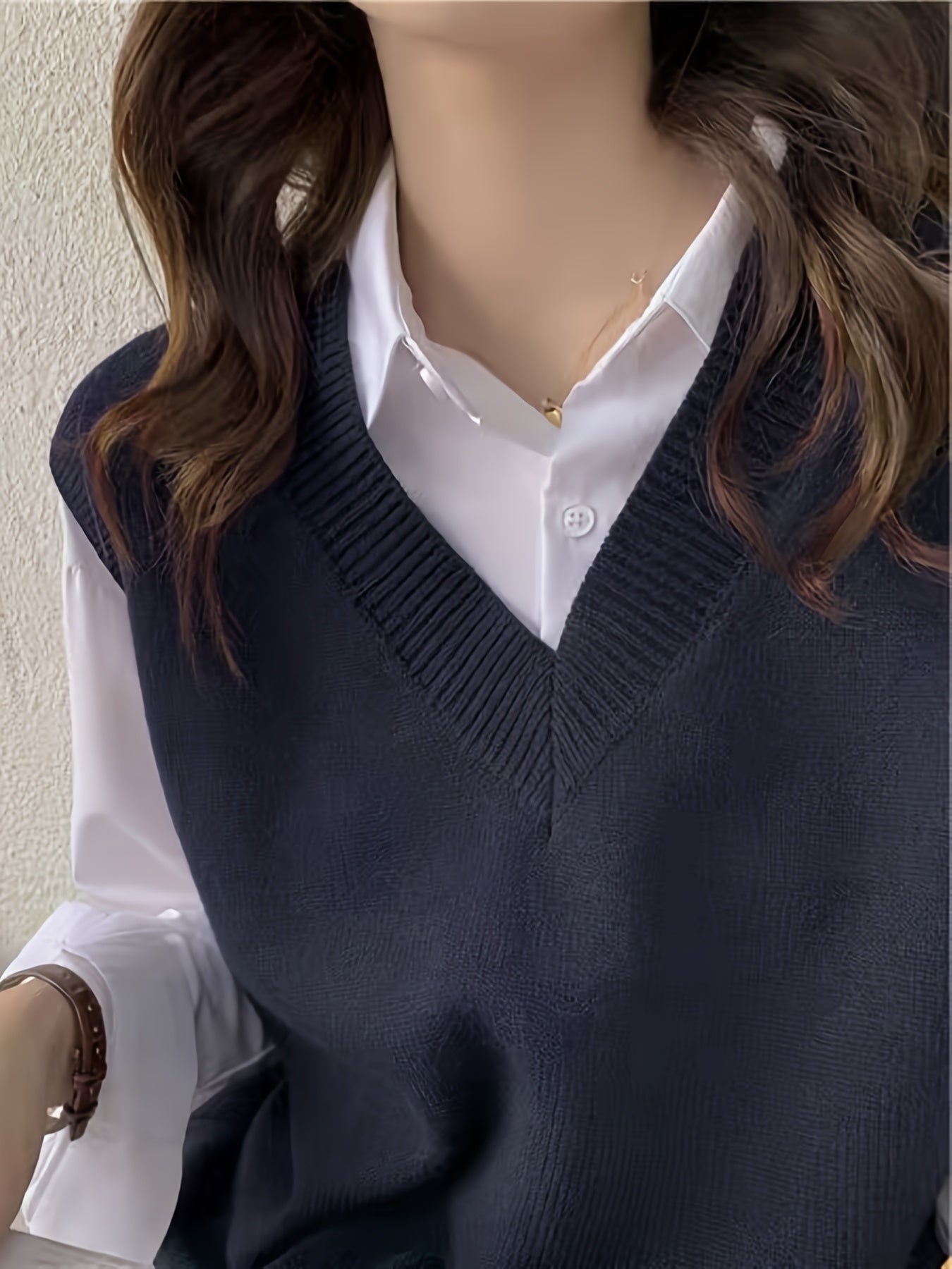 Chaleco de Suéter Azul Oscuro Cómodo para Mujeres con Cuello en V Sin Mangas Estilo Holgado y Relajado