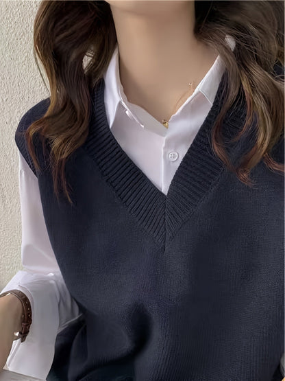 Chaleco de Suéter Azul Oscuro Cómodo para Mujeres con Cuello en V Sin Mangas Estilo Holgado y Relajado