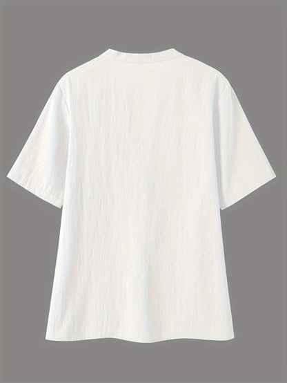 Blusa Texturizada Sin Esfuerzo para Mujeres con Escote en V Notch, Manga Corta, Estilo Relajado y Botones en la Parte Frontal
