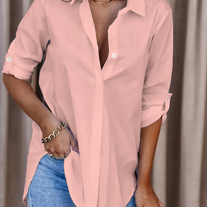 Blusa Sin Esfuerzo para Mujeres con Cuello, Manga Larga, Tablero de Rollo, Estilo Casual Oversized