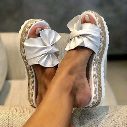 Sandalias de Deslizamiento Cómodas para Mujeres con Detalle de Lazo en Plataforma de Espadrille de Punta Abierta