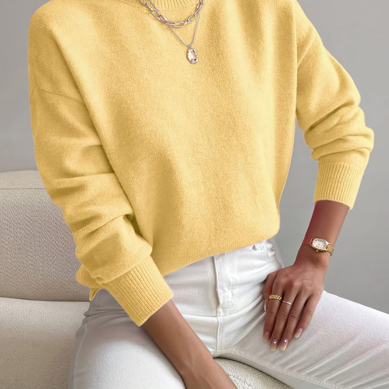 Suéter de punto cómodo para mujeres con cuello alto, mangas largas y estilo relajado y oversized